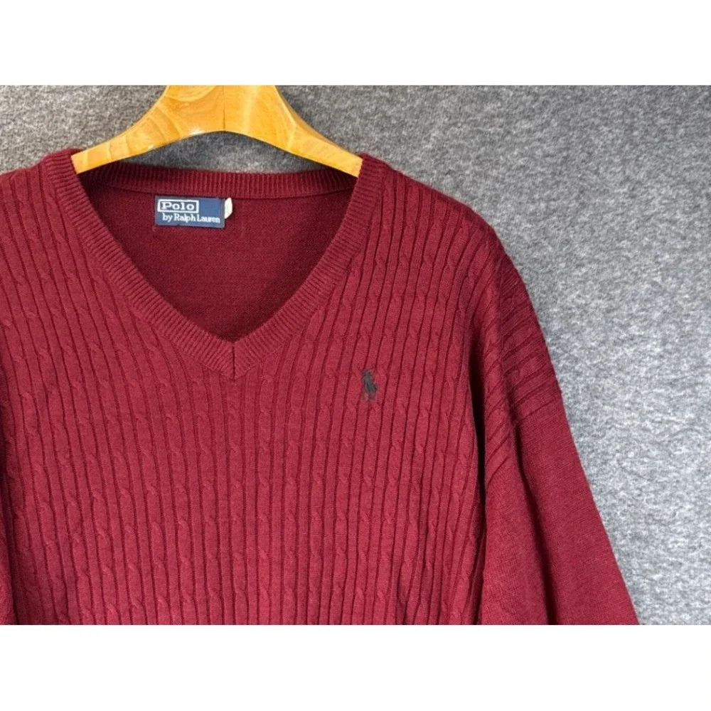 Polo Ralph Lauren V-Neck Sweater Mens 4XL Burgundy Preppy Cable Knit Pullover